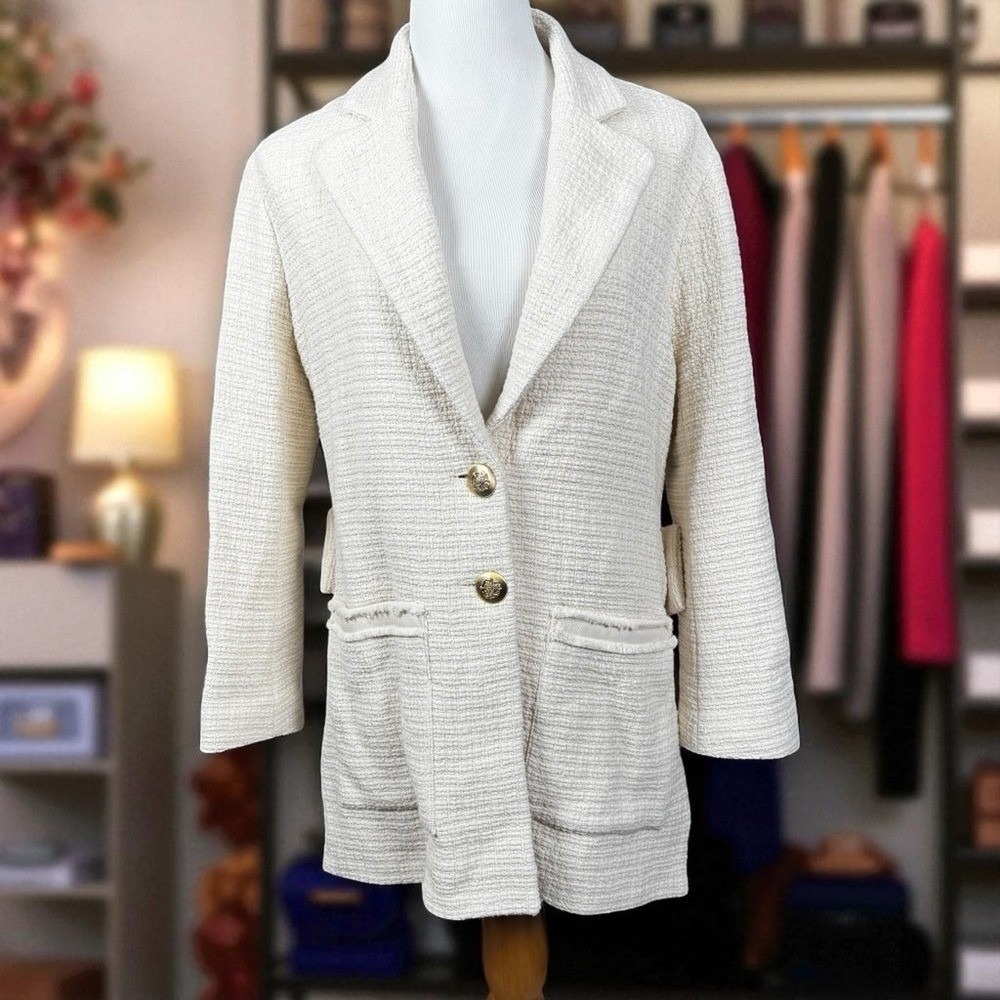 NWT Maje Women Tweed Blazer S Ivory Classic Fringe Career Old Money Scandigirl - Picture 1 of 10